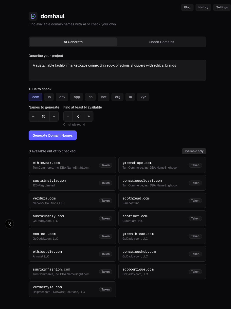 domhaul AI domain name generator showing results for a sustainable fashion marketplace