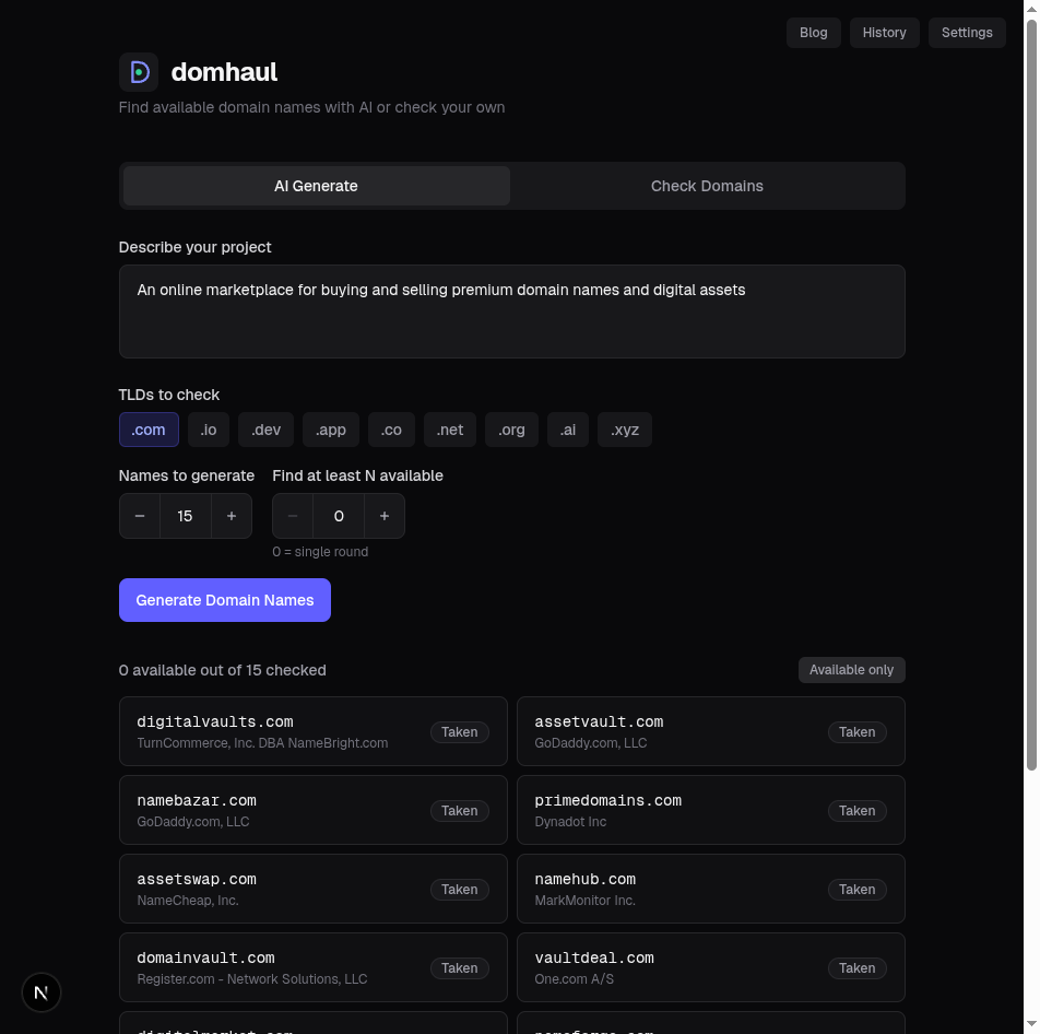domhaul showing competitive premium domain name results — all taken
