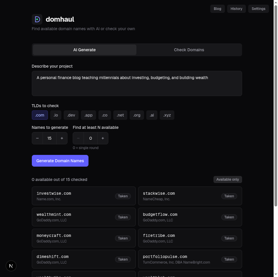 domhaul generating domain names for a personal finance blog