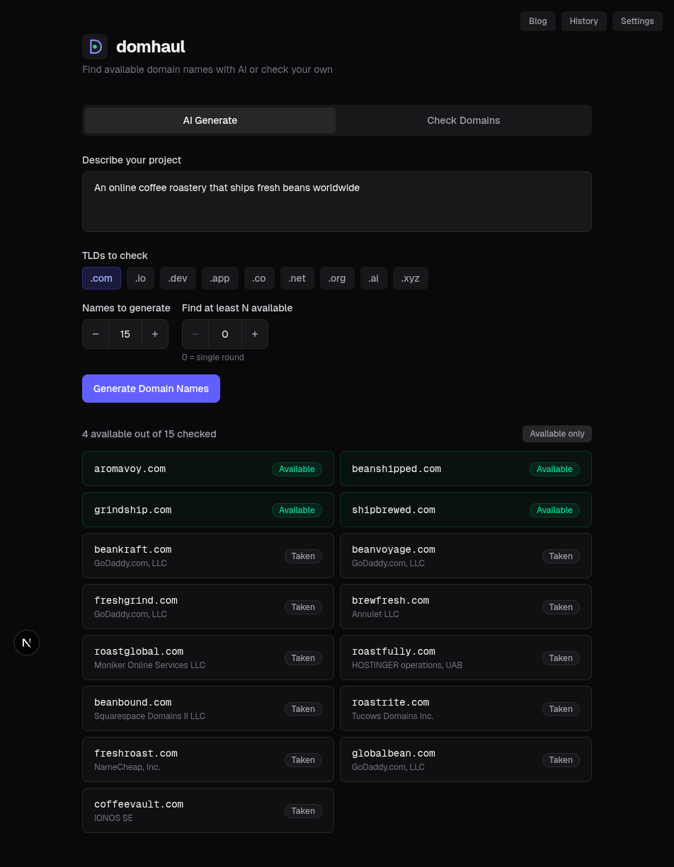 domhaul generating domain names for an online coffee roastery — showing available and taken domains with real-time availability checking